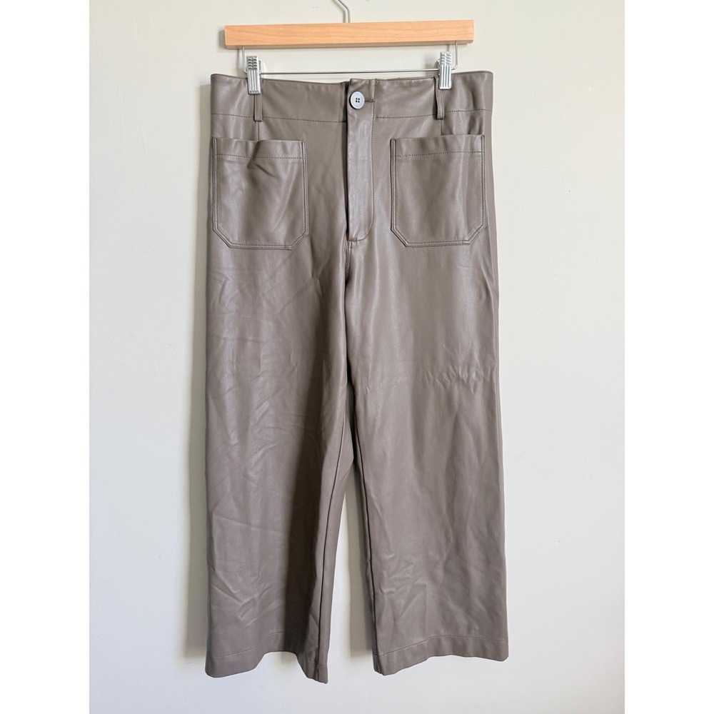 Anthropologie Maeve Colette Cropped Wide-Leg Faux Leather Pants Taupe Brown 31